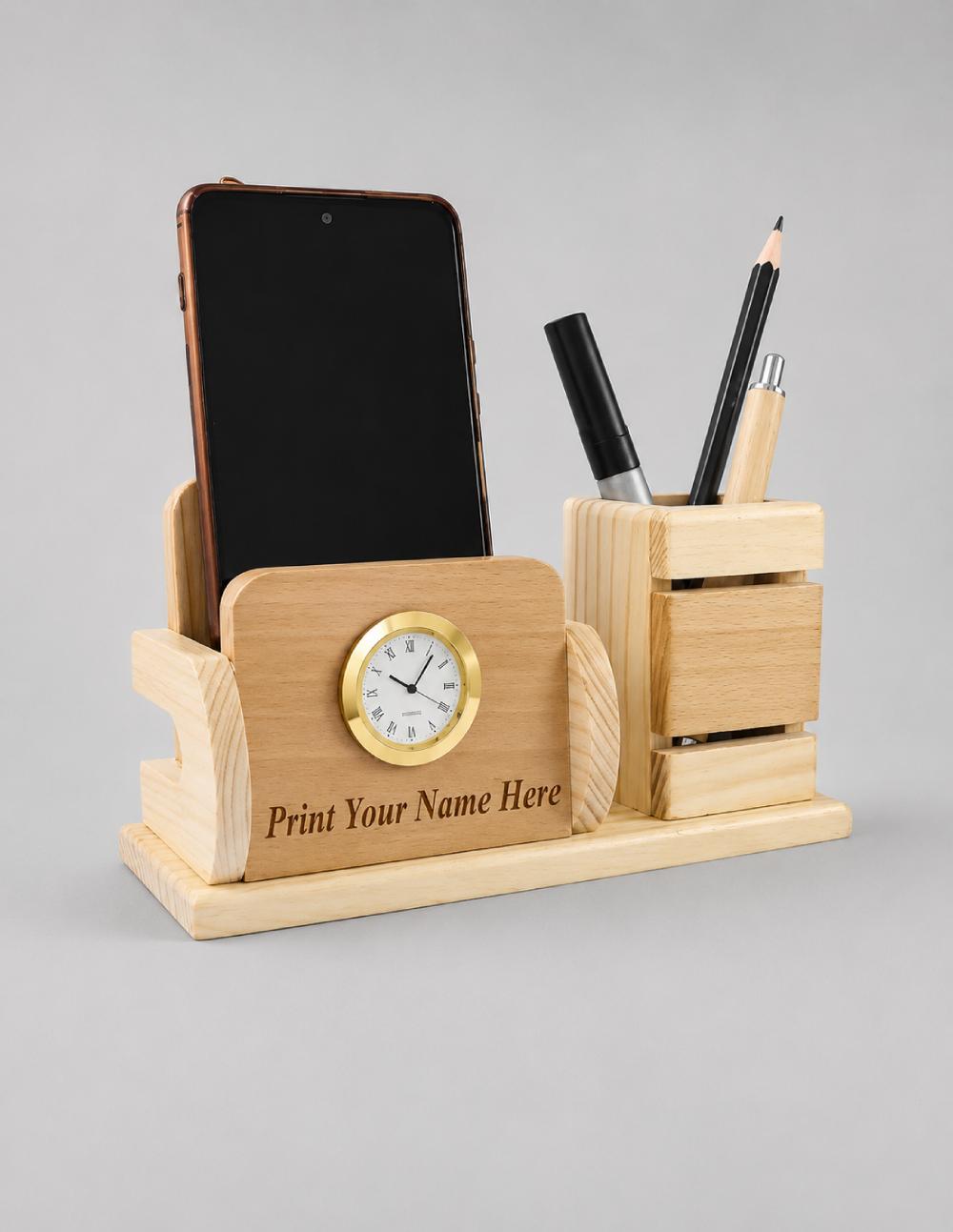 Wooden Desk Name Plate with Mobile stand, Pen Stand and Clock