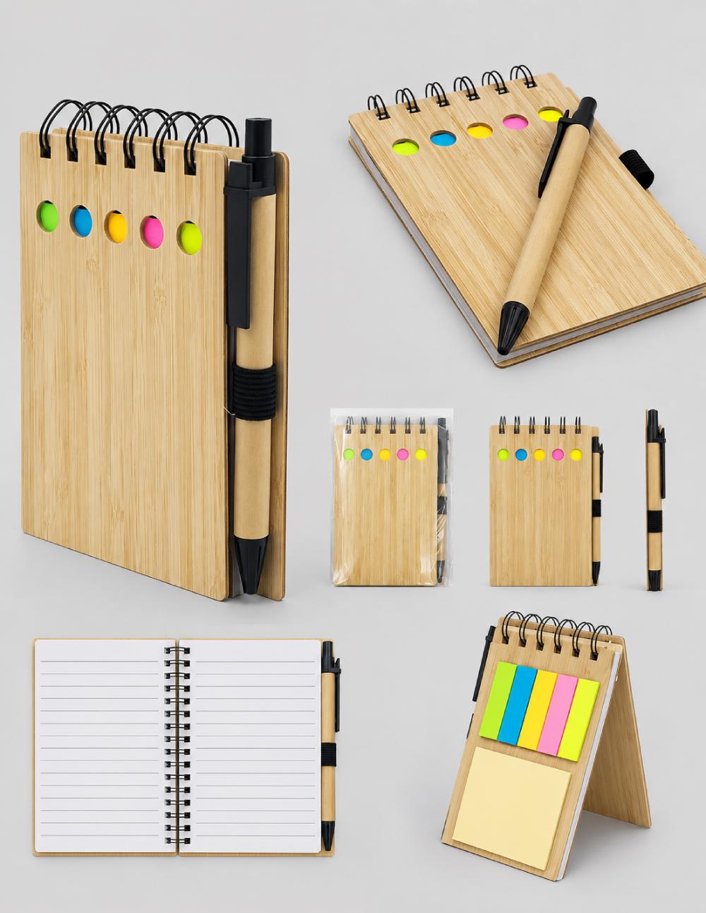 Spiral Hard Wood Cover Eco Sticky Notepad With Ball Pen